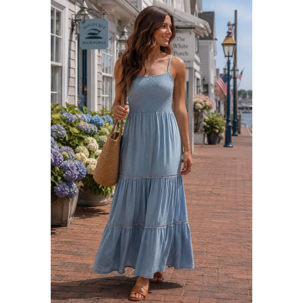 Tiered Ruffle Midi/Maxi Dress Sz M Chambray Coastal Cottagecore